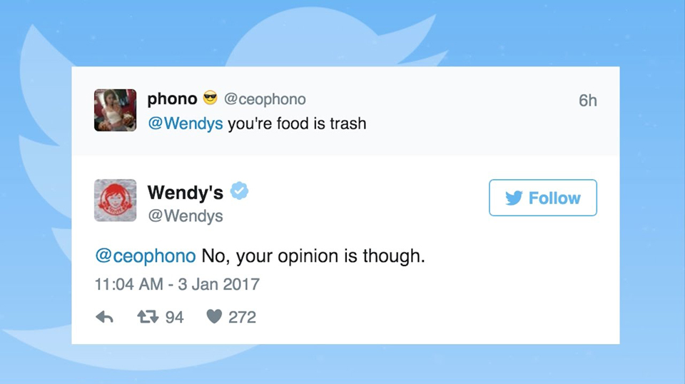 Wendy's roasting a consumer who called Wendy's food trash via Twitter