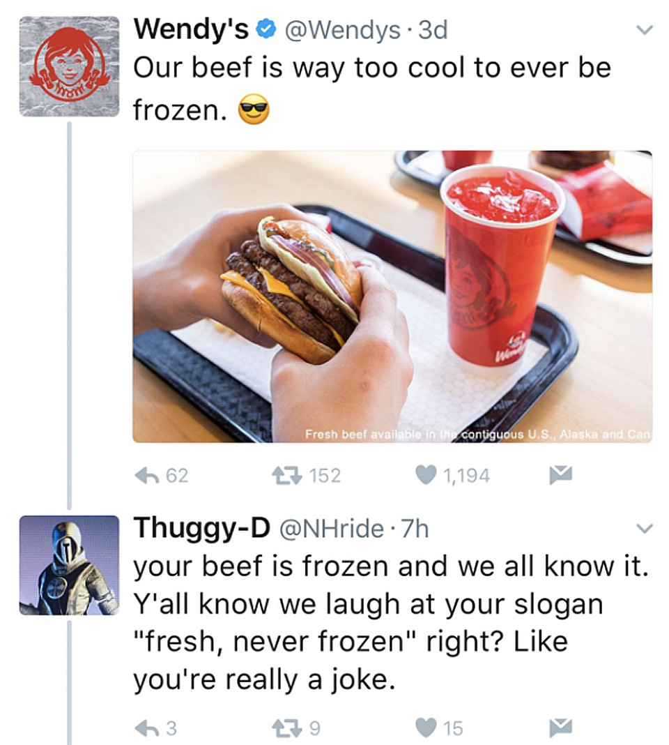 Twitter feud between a consumer and Wendy's regarding freshness of meat