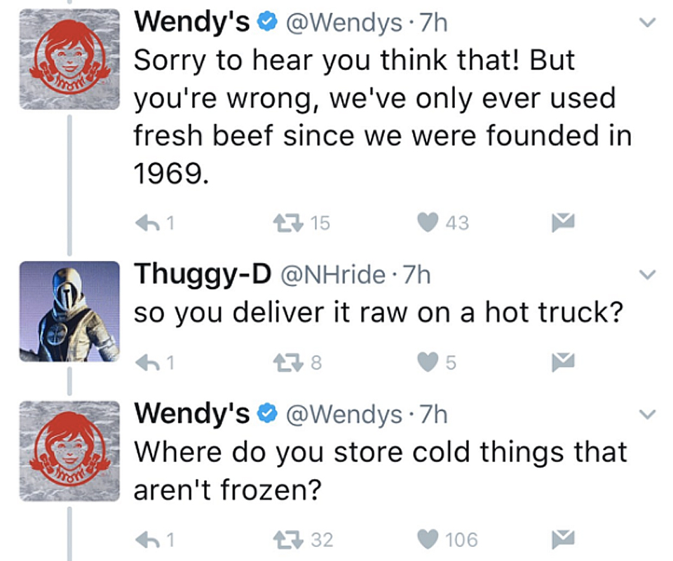 Wendy's comeback on Twitter feud with a consumer regarding freshness of meat